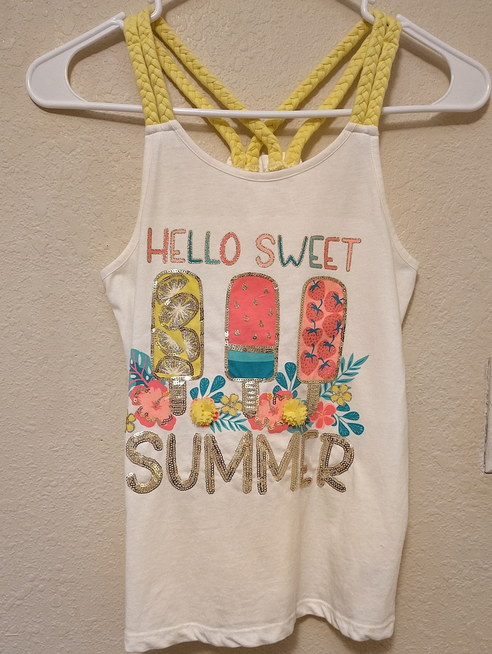 Hello Sweet Summer Girls' Cream Tank Top with Yellow Straps